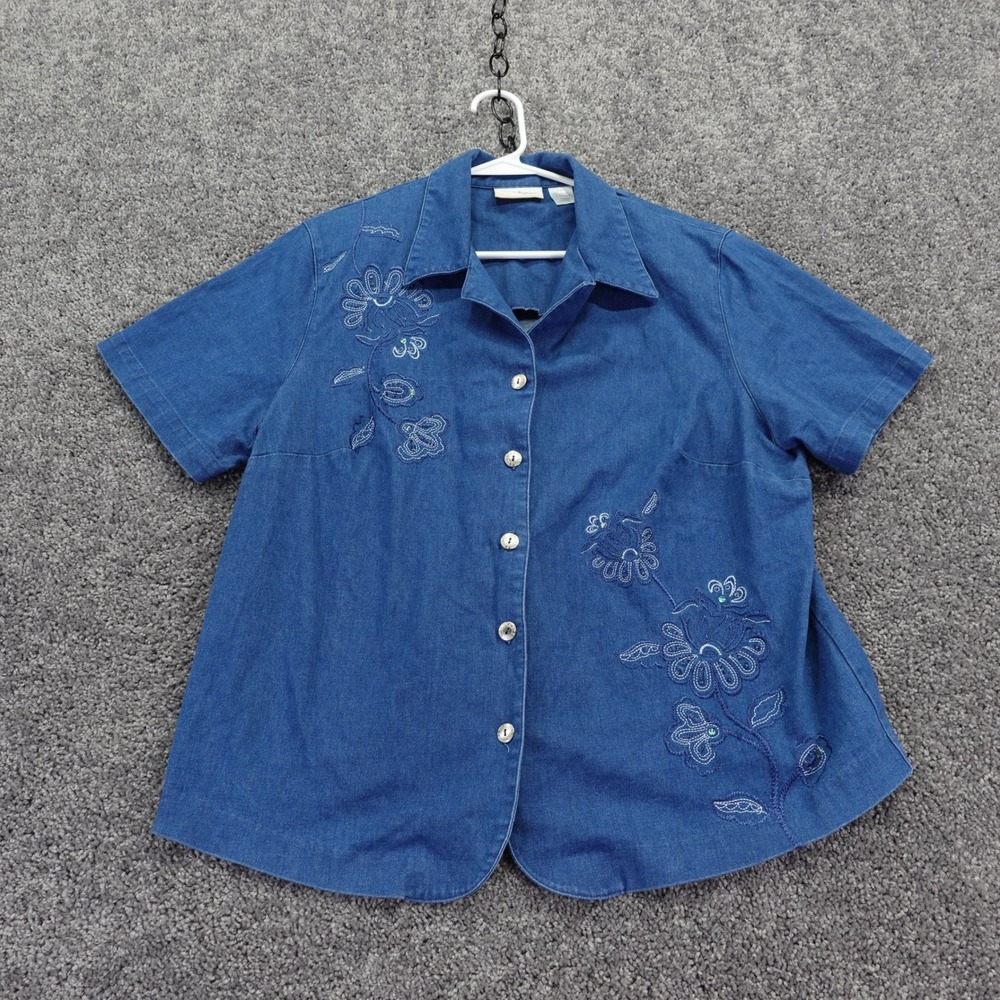 Alfred Dunner Button Up Shirt Womens 16W Blue Embroidered Denim Short Sleeve Top